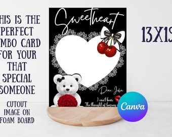Jumbo Valentine's Day Card – Elegant Black and White, Teddy Bear and Roses (13x19 inches)