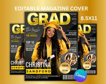 Editable Graduation Magazine Cover Template, Gold Black Grad Party Invite (Digital Download)