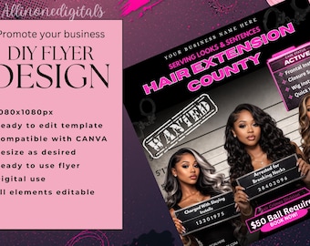 Modèle de Flyer d'extension de cheveux, promotion d'entreprise de beauté, conception marketing de perruque de cils (téléchargement numérique)