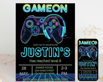 Neon Game On Birthday Invitation | Editable Gaming Party Invite (Digital Download)