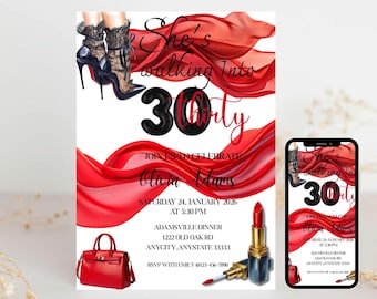 Red Glam 30th Birthday Invitation | Editable Canva Template (Digital)