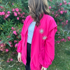 Embellished Pink Bomber Jacket, Zipper Bomber Jacket, Embroidered Bomber Jacket, Barbie Jacket, Barbie Bomber Jacket