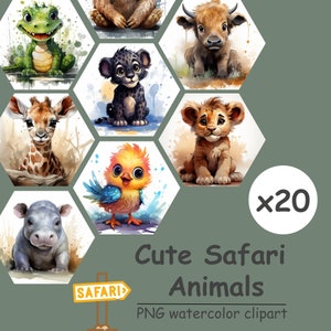 20 Watercolor Cute Safari Animals Clipart Bundle, 20 High Quality PNG, Digital Download, Commercial Use, Watercolor Clipart, Lion, Giraffe