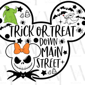 May include: A black and white Halloween-themed graphic featuring Mickey Mouse ears. The design includes characters like Oogie Boogie, Jack Skellington, and Zero, along with bats, stars, spiders, and candy corn. The text reads "Trick or Treat Down Main Street."