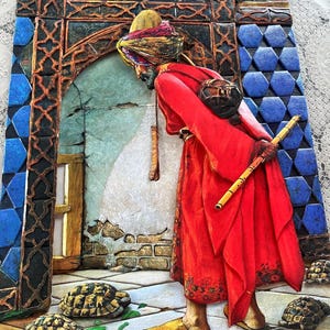 May include: A detailed relief sculpture depicting a figure in red robes and a turban, holding a flute, standing near an archway. The artwork features intricate tile patterns in blue and brown, with several tortoise figures at the base.