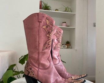 Pink Italian leather western country bohemian cowboy cowgirl boots size UK  3