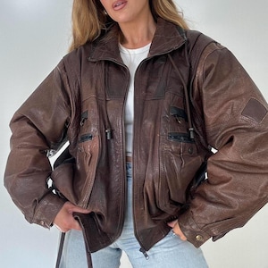 veste en cuir marron vintage des années 90 taille XL
