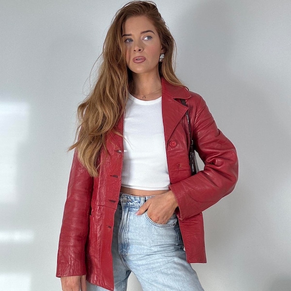 vintage en cuir rouge des années 60 70 London veste manteau taille S 10