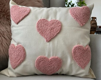 Handmade Punch Needle Pink Heart Pillowcase | Gift for Women |  Home Decor | Punch Pillow | Handmade Gift | Decorative Pillow Cover