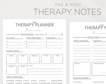 Pre and Post Therapy Notes, Therapy Overview, Pre Therapy and Post Therapy Planner, Therapy Session Journal
