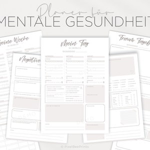 Può includere: Un planner stampabile per la salute mentale con tre sezioni: "La mia settimana", "Il mio giorno" e "Diario dei sogni". Ogni sezione ha uno sfondo grigio e include una varietà di prompt e checklist.