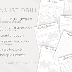 K&ouml;nnte beinhalten: Druckbare PDF-Vorlagen f&uuml;r Journaling und Therapie. Enth&auml;lt Stimmungstracker, Traumtageb&uuml;cher, Arbeitsbl&auml;tter f&uuml;r negative Gedanken, Angstprotokolle und Therapie Notizen.