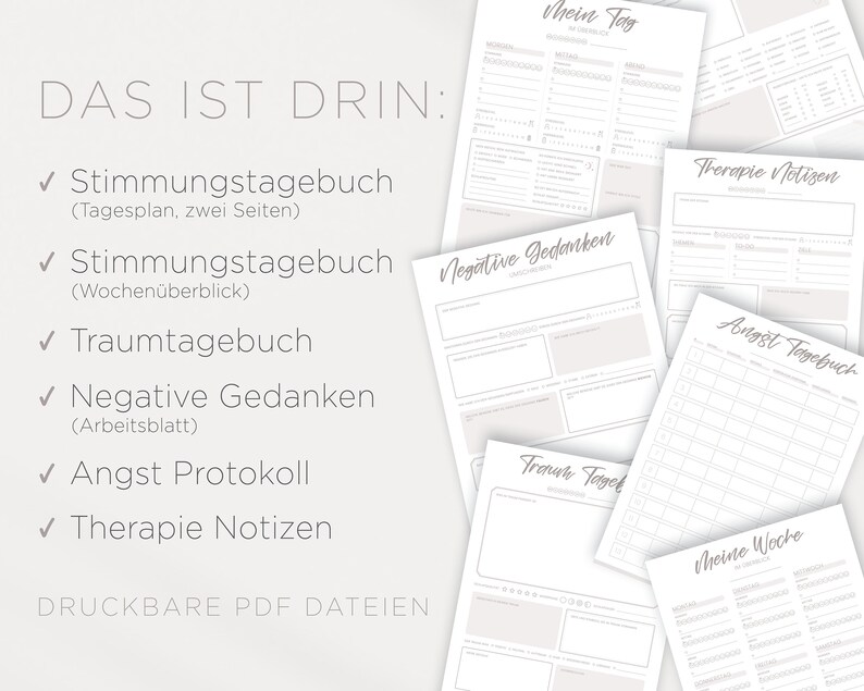 K&ouml;nnte beinhalten: Druckbare PDF-Vorlagen f&uuml;r Journaling und Therapie. Enth&auml;lt Stimmungstracker, Traumtageb&uuml;cher, Arbeitsbl&auml;tter f&uuml;r negative Gedanken, Angstprotokolle und Therapie Notizen.