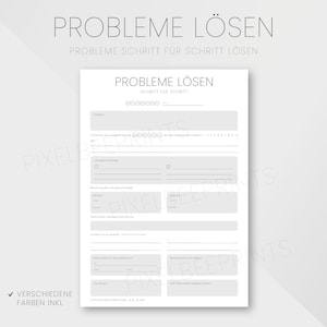 Op de afbeelding: Een afdrukbaar werkblad in grijstinten met de titel "PROBLEME LÖSEN" (Problemen oplossen) met invulbare secties. De tekst "PROBLEME SCHRITT FÜR SCHRITT LÖSEN" (Problemen stap voor stap oplossen) is ook zichtbaar. De tekst "VERSCHIEDENE FARBEN INKL" (Verschillende kleuren incl.) is zichtbaar.