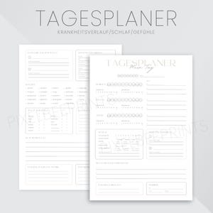 Könnte beinhalten: Ein druckbarer Tagesplaner mit Abschnitten zur Verfolgung von Gesundheit, Schlaf und Gefühlen. Der Planer hat ein schlichtes Design mit grauem Text auf weißem Hintergrund. Der Titel des Planers lautet "TAGESPLANER".