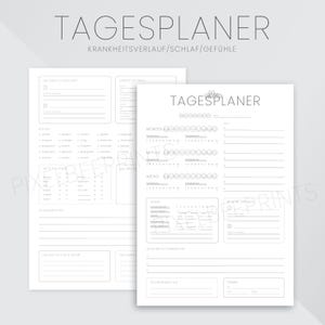 Könnte beinhalten: Ein druckbarer Tagesplaner mit Abschnitten zur Verfolgung von Gesundheit, Schlaf und Gefühlen. Der Planer enthält einen Abschnitt zur Verfolgung von Stimmung, Schlaf und Gesundheit sowie einen Abschnitt für tägliche Aufgaben und Notizen.