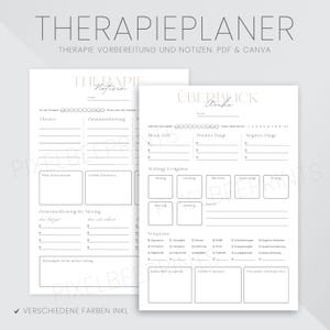 May include: A printable therapy planner with two pages. The left page is titled "Therapy Notes" and has sections for "Themes", "Summary", "My Observations", "Feedback and Homework", and "Summary of the Session". The right page is titled "Overview Week" and has sections for "Weekly Goals", "Positive Things", "Negative Things", "Important Events", and "Symptoms".