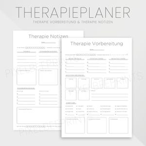 Könnte beinhalten: Ein druckbarer Therapieplaner mit zwei Seiten. Die linke Seite ist mit "Therapie Notizen" betitelt und hat Abschnitte für "Thema", "Zusammenfassung", "Details und Emotionen" und "Zusammenfassung der Sitzung". Die rechte Seite ist mit "Therapie Vorbereitung" betitelt und hat Abschnitte für "Meine Erfolge", "Positive Dinge", "Negative Dinge", "Wichtige Ereignisse", "Symptome", "Gedanken und Emotionen" und "Emotionale Reaktion".