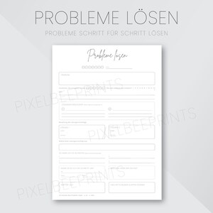 Könnte beinhalten: Ein druckbares Arbeitsblatt mit dem Titel "Probleme Lösen" und einem Abschnitt zum Aufschreiben eines Problems, möglicher Lösungen und zu ergreifender Schritte. Das Arbeitsblatt soll Menschen helfen, Probleme strukturiert zu lösen.
