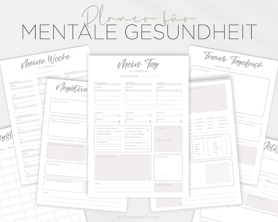 Selbstfürsorgeplaner, Planer für psychische Gesundheit, Stimmungstracker, Traumtagebuch, Therapie Notizen, Angsttagebuch, PDF Dateien