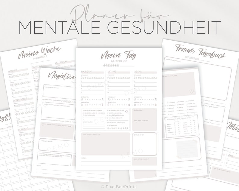 K&ouml;nnte beinhalten: Ein druckbarer Planer f&uuml;r die mentale Gesundheit mit drei Abschnitten: "Meine Woche", "Mein Tag" und "Traumtagebuch". Jeder Abschnitt hat einen grauen Hintergrund und enth&auml;lt verschiedene Aufforderungen und Checklisten.