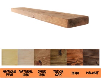 Rustic Floating Shelf made from Solid Wood, Scaffold Board, Chunky Old Slab Dark Oak 9x1.5 Wax Finish Brackets Included