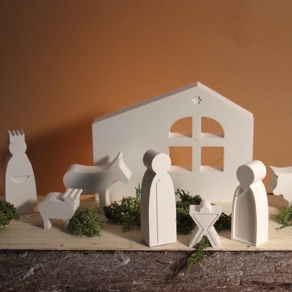 Crèche de Noël moderne Crèche de Noël Raysin minimaliste Saint trois rois Noël hiver Scandi décoration blanche figure de conte de fées statue en céramique