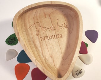 Handcrafted XL Maple Wood Guitar Pick Dish - Extra Large Fender Style Engraving