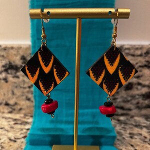 African print diamond, drop earrings, beads