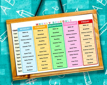 May include: A weekly schedule chart with a wooden frame and colourful headings for each day of the week. The days are Monday, Tuesday, Wednesday, Thursday, and Friday. Each day has a list of activities, including wake up, breakfast, history lessons, reading, outside time, lunch, quiet time, science lessons, daily chores, dinner, free time, and bedtime.