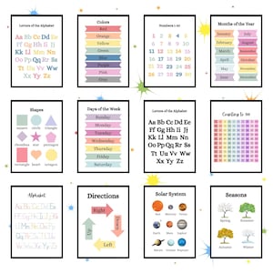 Set of 12 Educational Wall Art, Classroom Poster, Homeschool Printables, Educational Poster, Alphabet Poster, Kids Wall Art, Playroom Poster