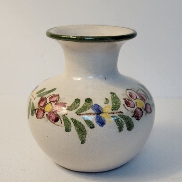 Berkshire Pottery Small Vase Red Blue Flowers Green Trim 3.75"H