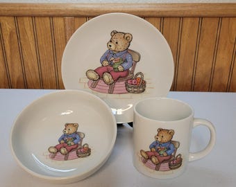 Vintage Takahashi Teddy Bear Children's Dinnerware Set Ceramic Plate Bowl Mug Japan