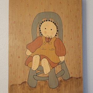 Vintage Rag Doll on Chair Wooden Wall Hanging Early Americana Style