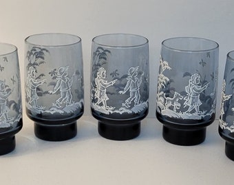 Set of (5) Vintage Libbey Mary Gregory Footed Tumblers Children & Dog Glasses