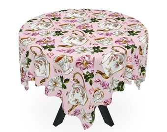 Vintage TeaPots and TeaCups Floral Tablecloth in Romantic Pastel Pink for Cute Kitchen Decor. Gift for her for sure.