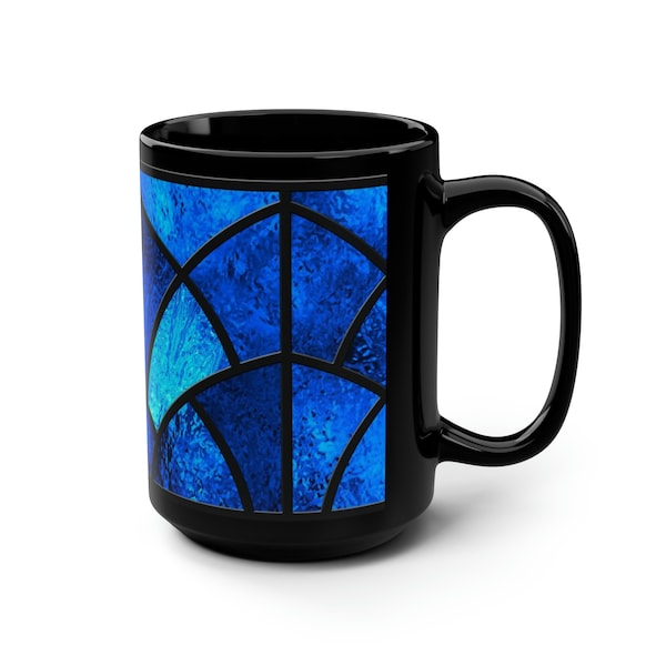 Cobalt Blue Mug, Stained Glass Design Series on Large Size Black Mug.