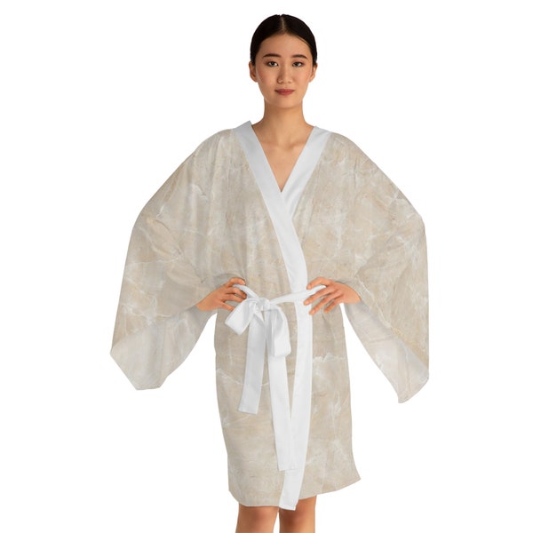 Kimono Robe in Soft Almond & White Pattern Satin Fabric, Flowing Long Sleeves
