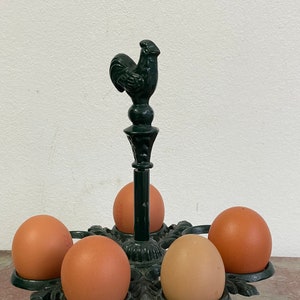Cast iron egg rack for 7 eggs Rooster - antique green iron - breakfast table decoration Easter - egg dish very nice - 23 cm / 10 inches high
