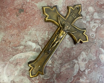 29x19 cm 11.5x7.5 inch Belgian yellow Copper Crucifix wood 1930s Marked JMPC