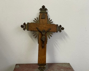 45x30 cm 18x12 inch Large Starburst Crucifix wood with bronze copper Jesus and the sun rays The Light Our Savior