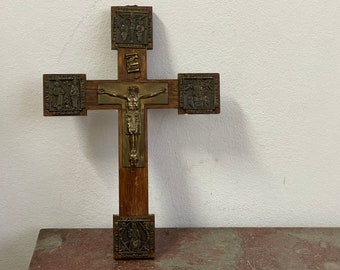 27x19 cm 11x7.5inch Crucifix wood with bronze copper naive images all around the cross. Jesus Mary Angels Apostles Ca 1950s