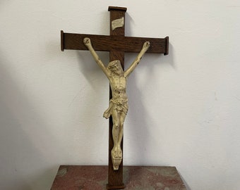 52 cm 21 inch Large Crucifix wood with iron Jesus Cast iron. Approx. 1925-1930