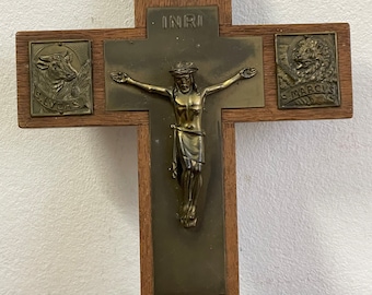 23x17 cm 9x7 inch Crucifix wood with bronze copper 4 Apostles around the Cross Luke Matthew John and Mark - Saints Jesus