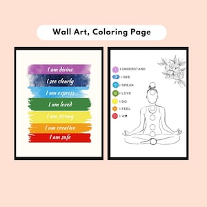 May include: Two printable wall art designs featuring a rainbow with affirmations and a line drawing of a person in a yoga pose with seven chakras.