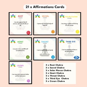 May include: Set of 21 affirmation cards featuring colourful illustrations of chakras and positive affirmations. The cards are divided into seven categories: Root, Sacral, Solar Plexus, Heart, Throat, Third Eye, and Crown. Each category has three cards with different affirmations.