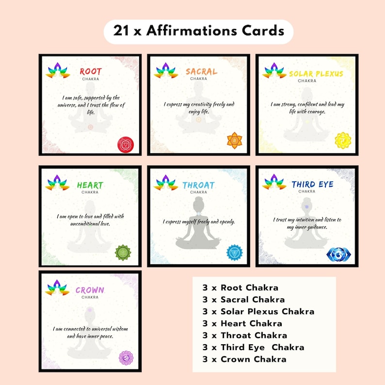 May include: Set of 21 affirmation cards featuring colourful illustrations of chakras and positive affirmations. The cards are divided into seven categories: Root, Sacral, Solar Plexus, Heart, Throat, Third Eye, and Crown. Each category has three cards with different affirmations.