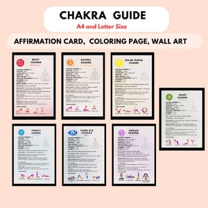 Guía de chakras, hoja, tarjetas de afirmaciones de chakras, notas imprimibles, páginas para colorear de chakras, PDF, guía de curación de chakras, arte mural de chakras