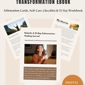 Op de afbeelding: Een e-book cover met de titel "REBIRTH: SUBCONSCIOUS TRANSFORMATION EBOOK" en de ondertitel "Affirmation Cards, Self-Care Checklist & 21-Day Workbook". De afbeelding toont een vrouw die een mok vasthoudt en de woorden "DIGITAL DOWNLOAD".