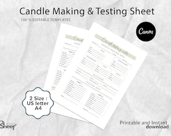 May include: Printable candle making and testing sheet with sections for candle making information, fragrance, dye, wax, container, wick, outcome, and testing information. The sheet is designed for two tests and includes space for notes and observations. The sheet is labeled "Candle Making & Testing Sheet" and "100% Editable Templates".